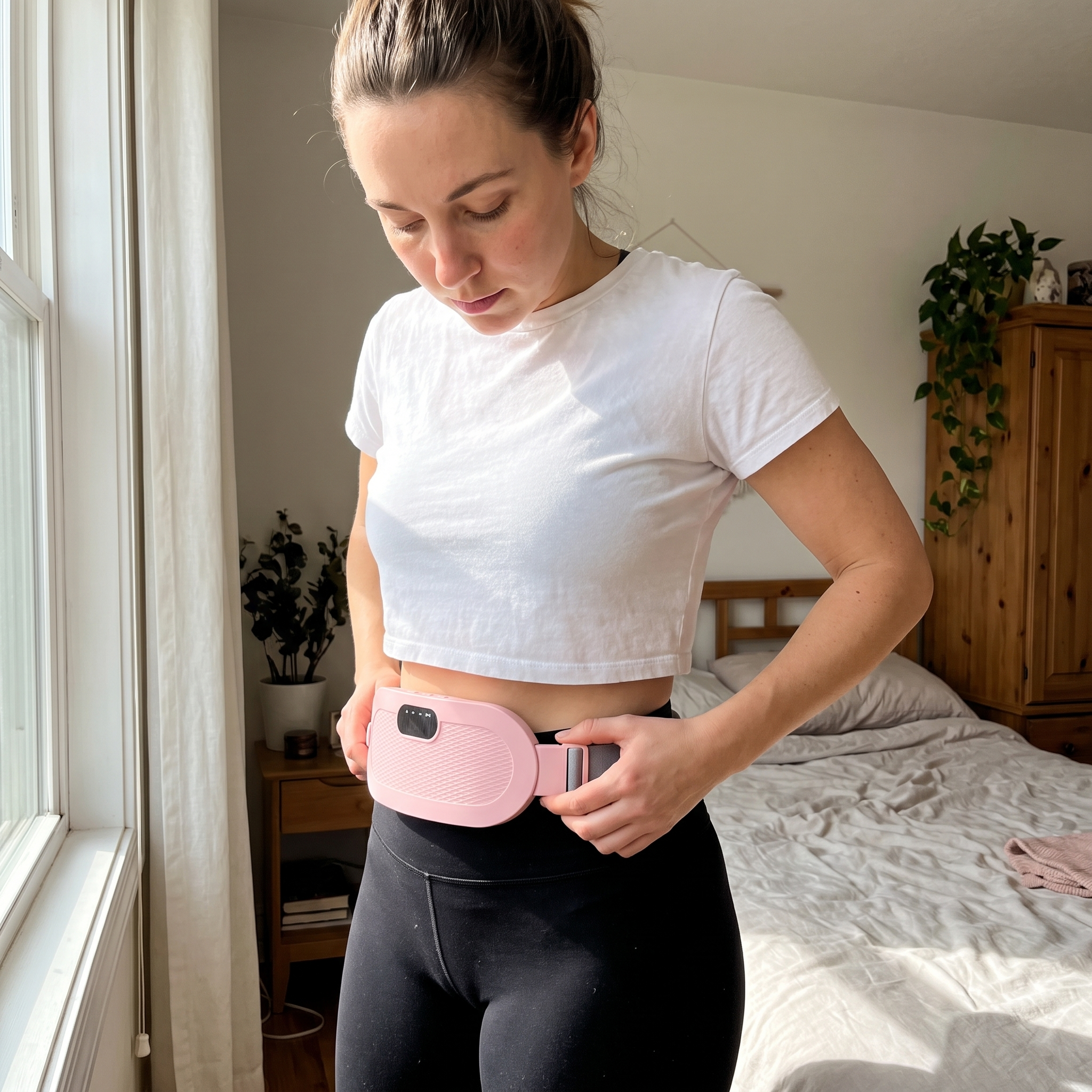 Fastening the Luna Belt around the lower waist