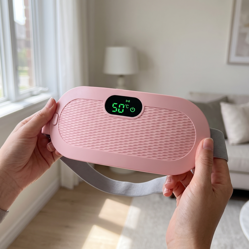 Luna Belt heat and massage belt held in hands showing display