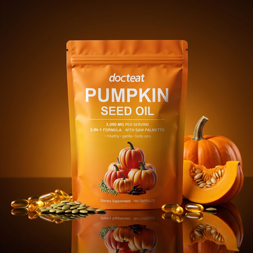 Docteat Pumpkin Seed Oil 3000mg pouch with capsules and pumpkin