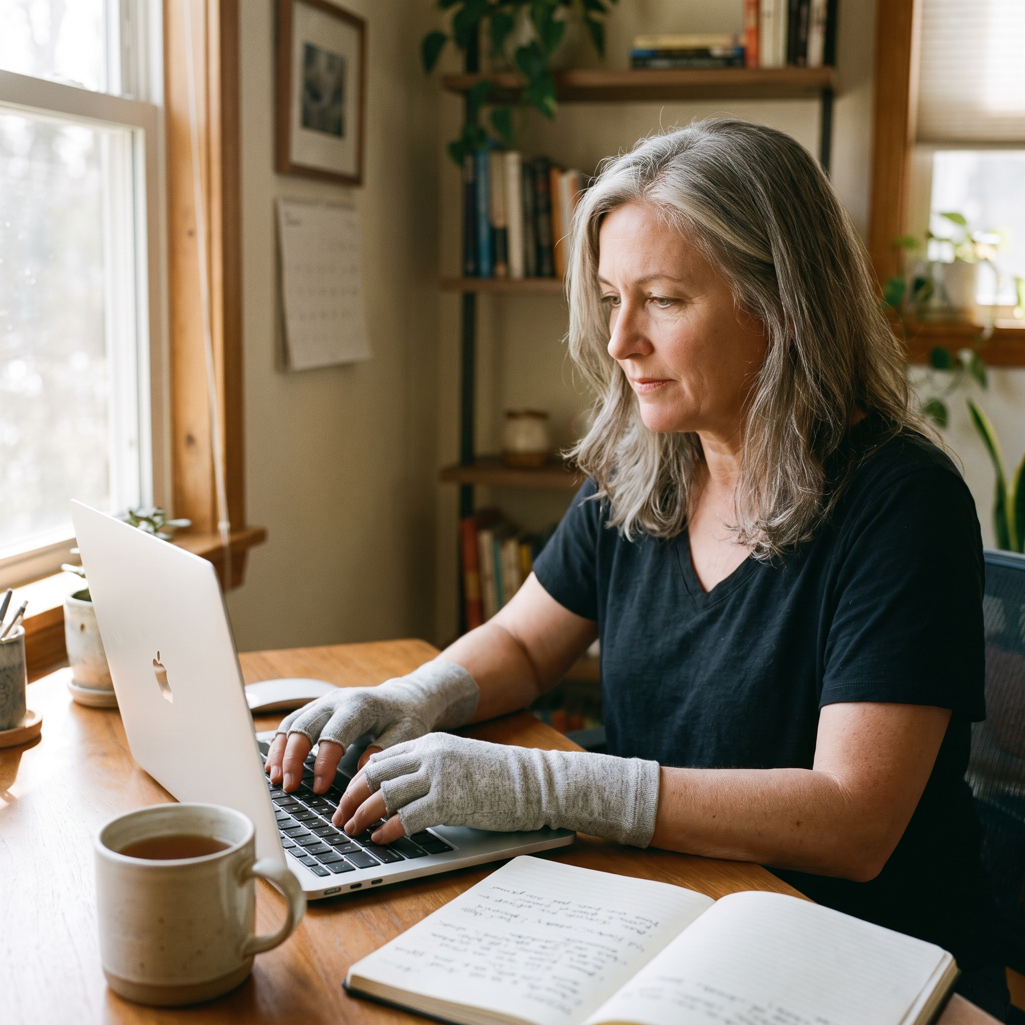 Wearing Glovana gloves while typing at a desk